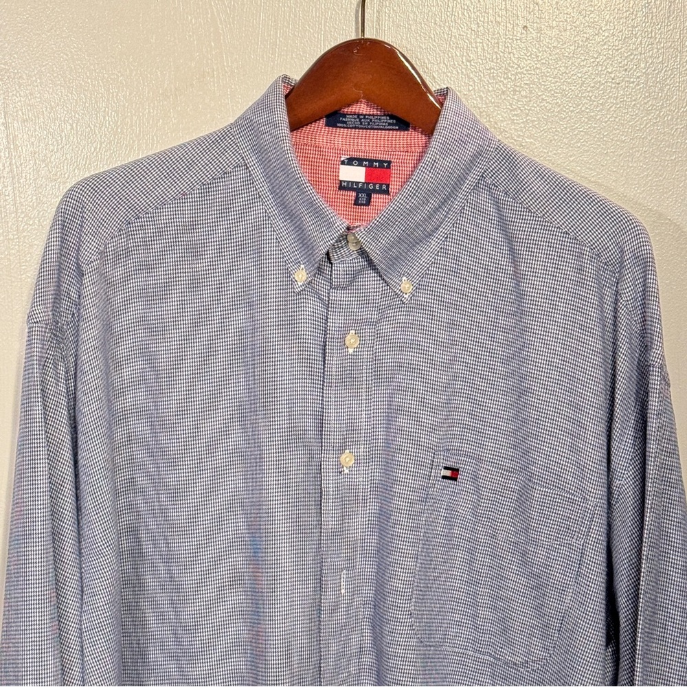 Y2K Tommy Hilfiger Navy Blue & White Houndstooth Cotton Flannel Shirt w/ Pocket